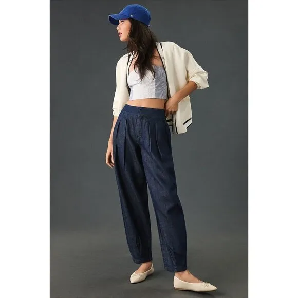 NWT Anthropologie Pilcro Porto Pleated High-Rise Tapered Jeans 24 Blue