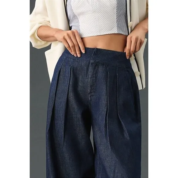 NWT Anthropologie Pilcro Porto Pleated High-Rise Tapered Jeans 24 Blue