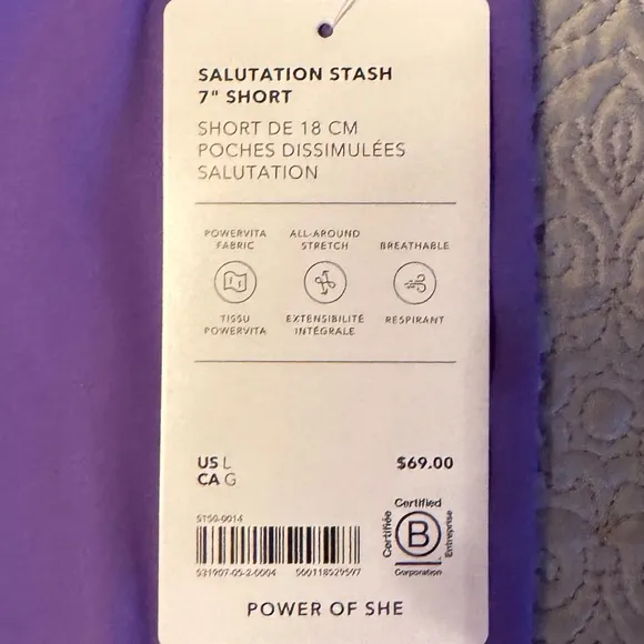 NWT ATHLETA SALUTATION STASH 7” shorts size large in purple