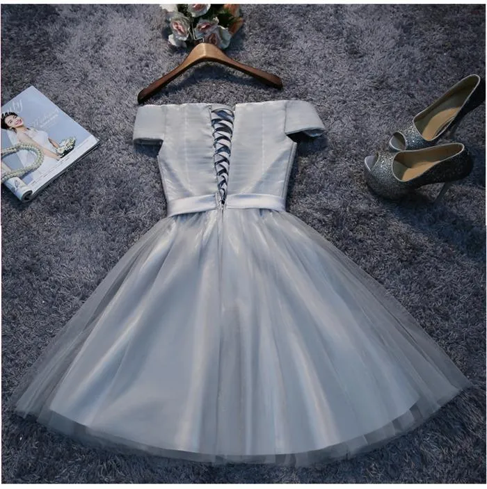 Off Shoulder Grey Tulle Short Cheap Homecoming Dresses 2018, BDY0304