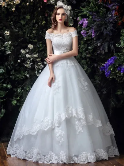 Off-The-Shoulder Lace Ball Gown Wedding Dress