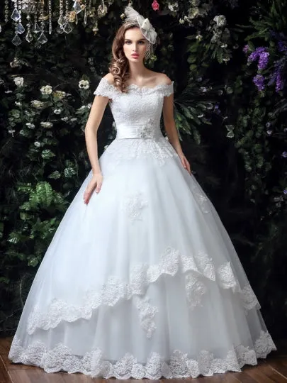 Off-The-Shoulder Lace Ball Gown Wedding Dress