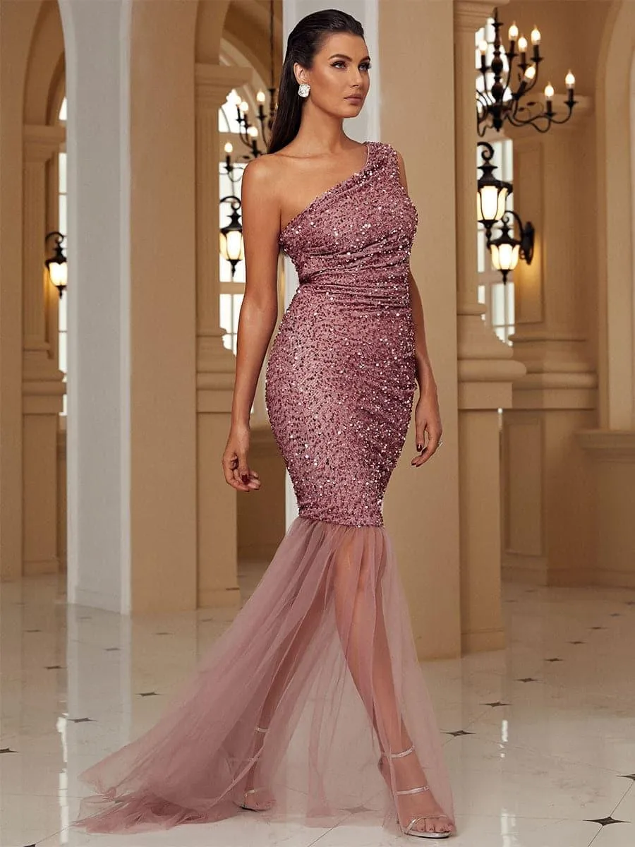 One Shoulder Mermaid Pink Sequin Prom Dress WY37