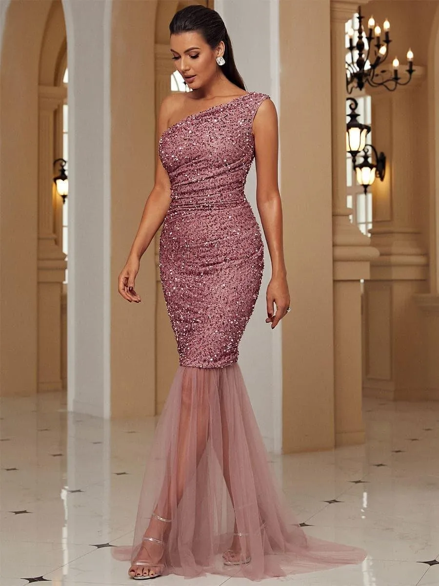 One Shoulder Mermaid Pink Sequin Prom Dress WY37