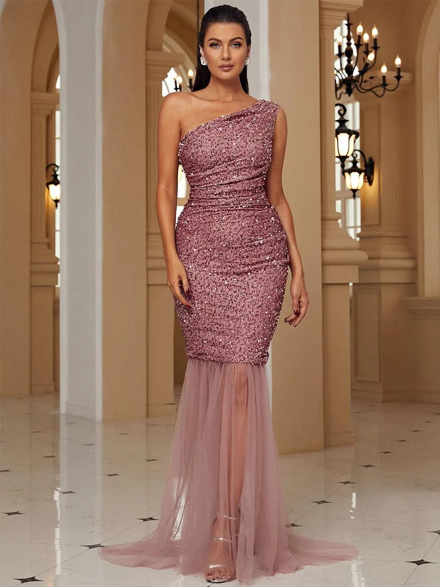 One Shoulder Mermaid Pink Sequin Prom Dress WY37