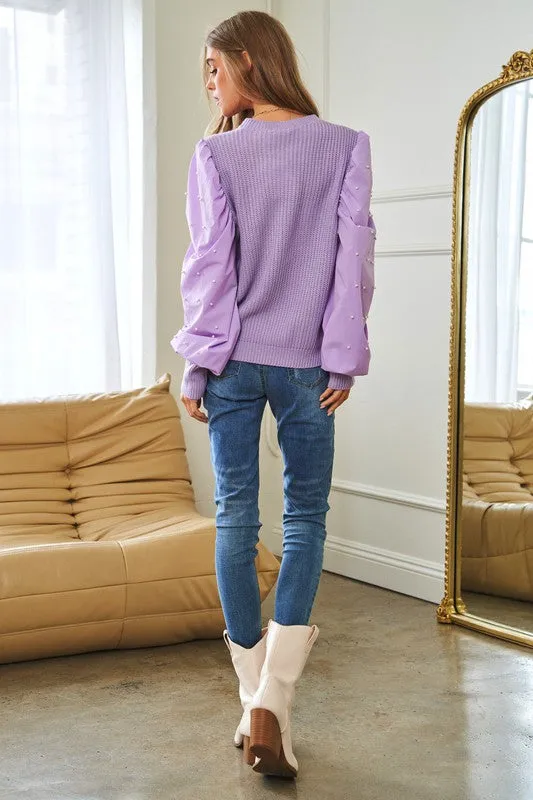 PEARL EMBELLISHMENT CONTRAST SLEEVE SWEATER