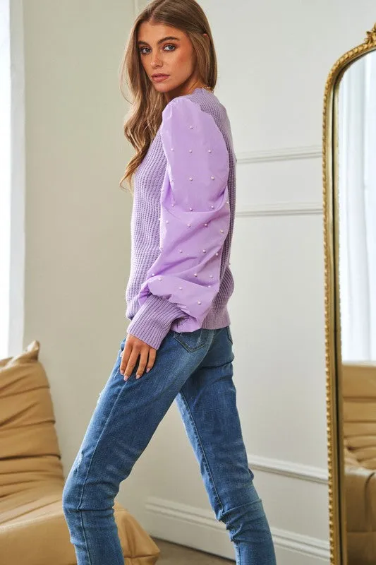 PEARL EMBELLISHMENT CONTRAST SLEEVE SWEATER