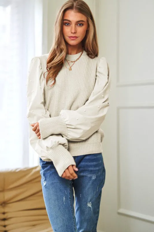 PEARL EMBELLISHMENT CONTRAST SLEEVE SWEATER