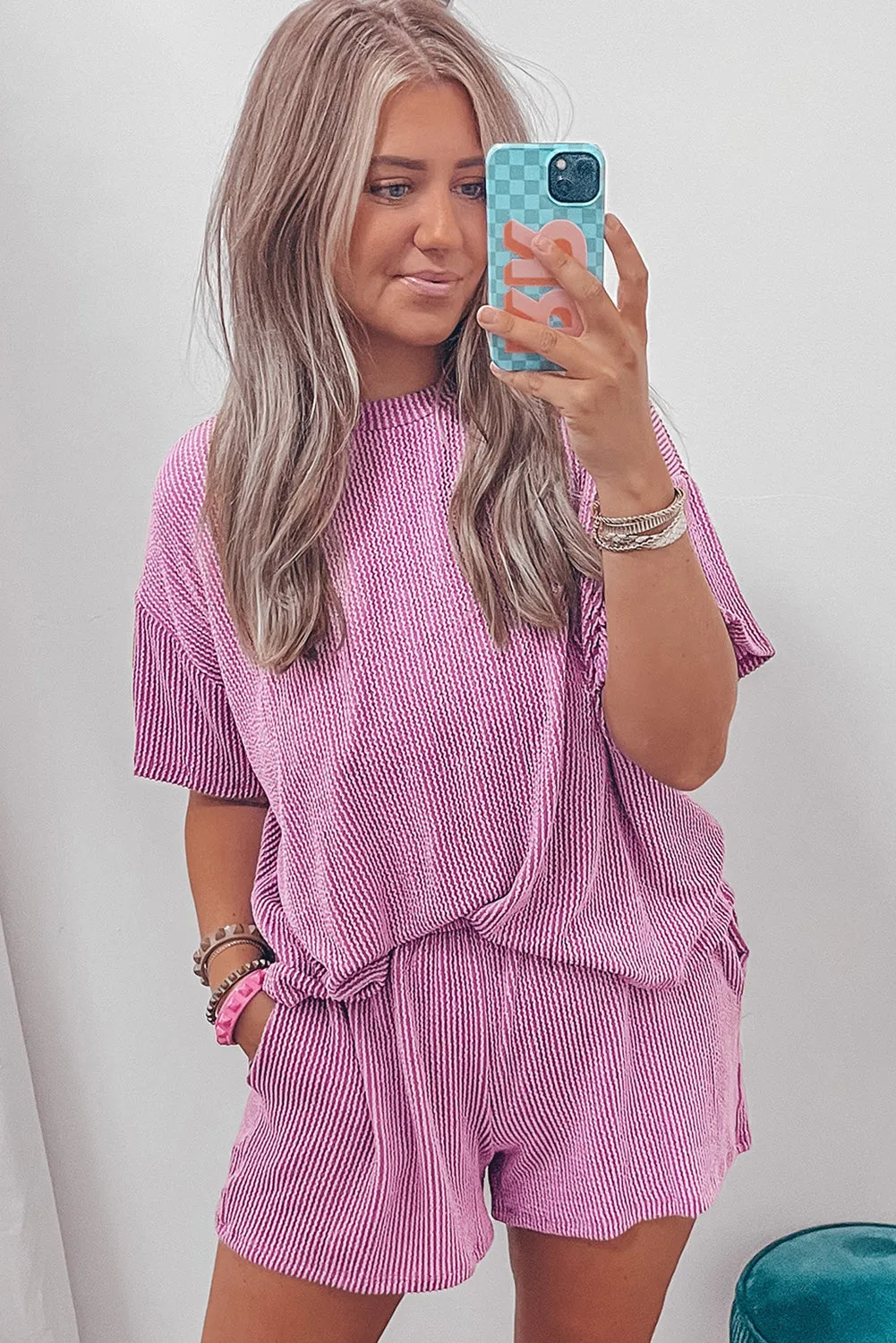 Phalaenopsis Ribbed Knit T Shirt and Shorts Plus Size Lounge Set