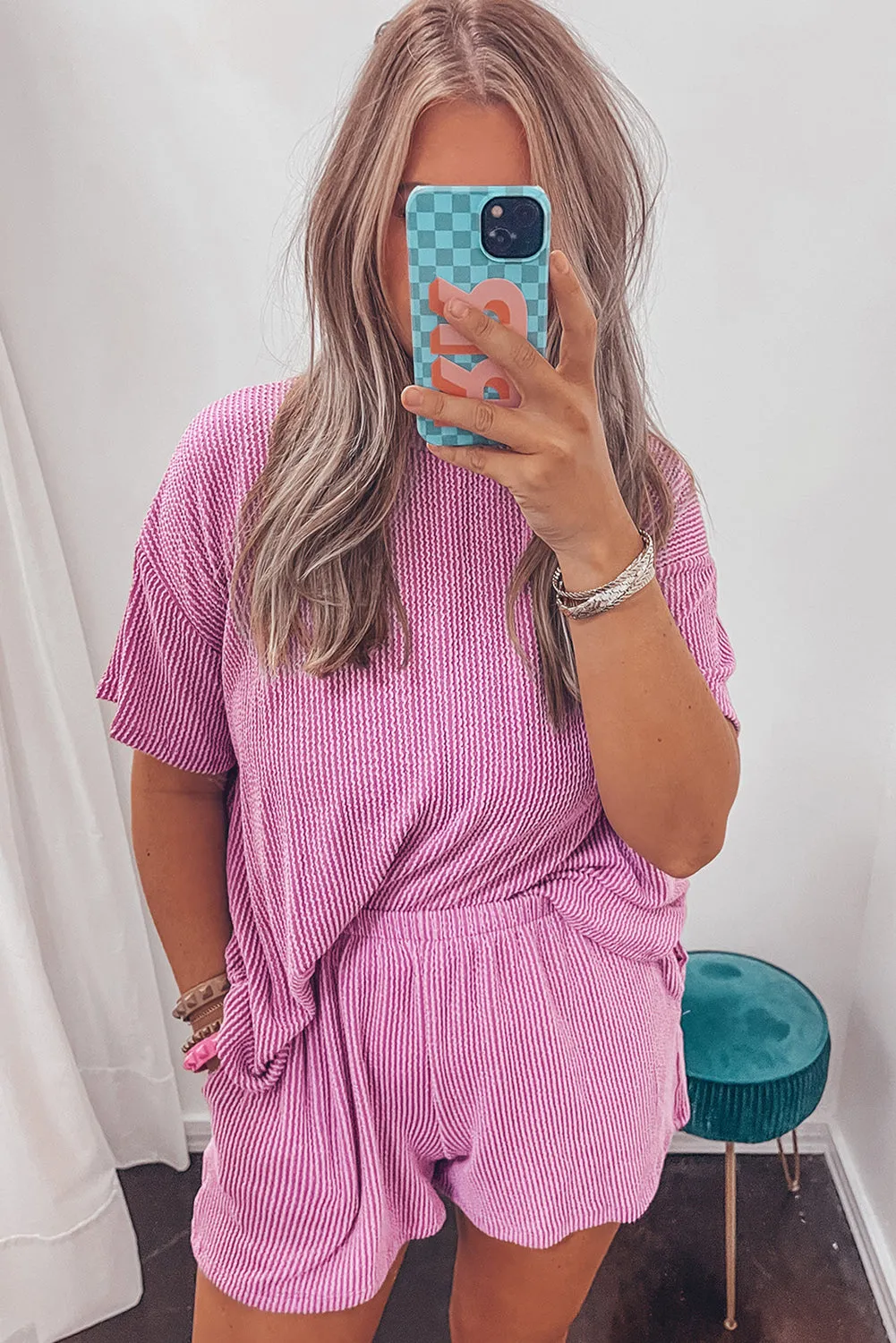 Phalaenopsis Ribbed Knit T Shirt and Shorts Plus Size Lounge Set
