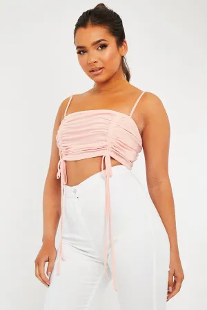 Pink Mesh Ruched Square Neck Crop Top - Leyna