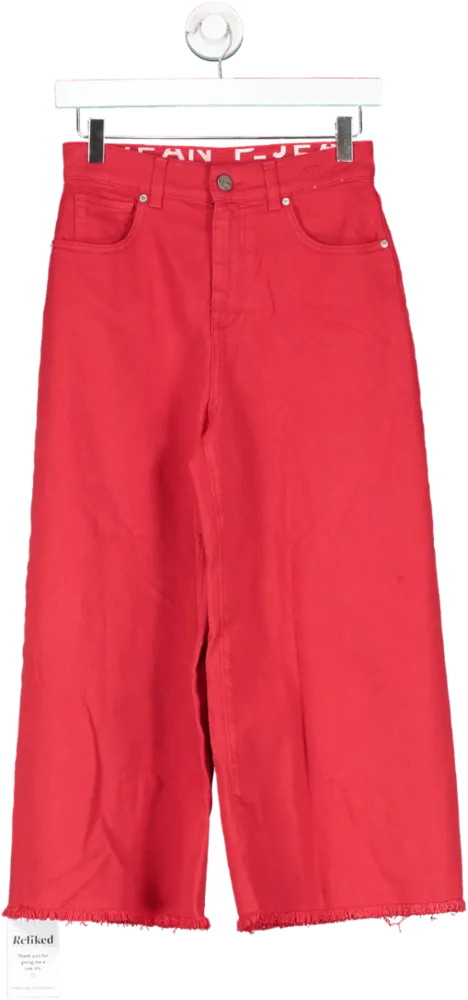 P_Jean Red Denim Raw Hem Cropped Wide Leg Jeans W26