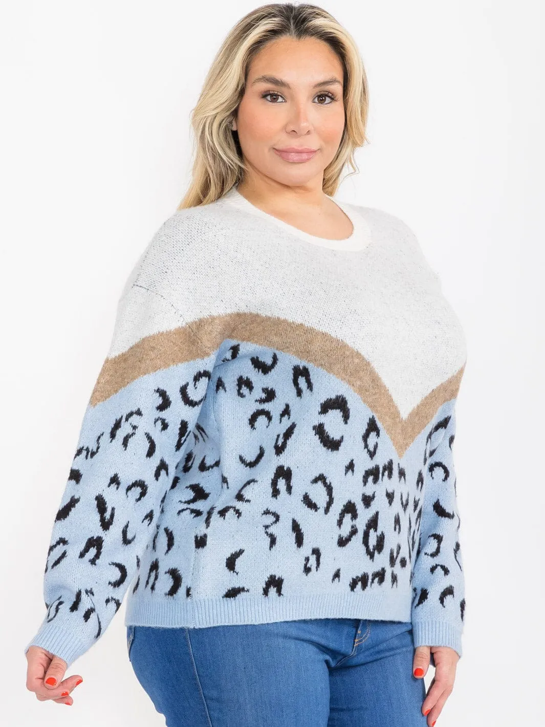 PLUS SIZE LONG SLEEVE COLORBLOCK ANIMAL PRINT PULLOVER SWEATER