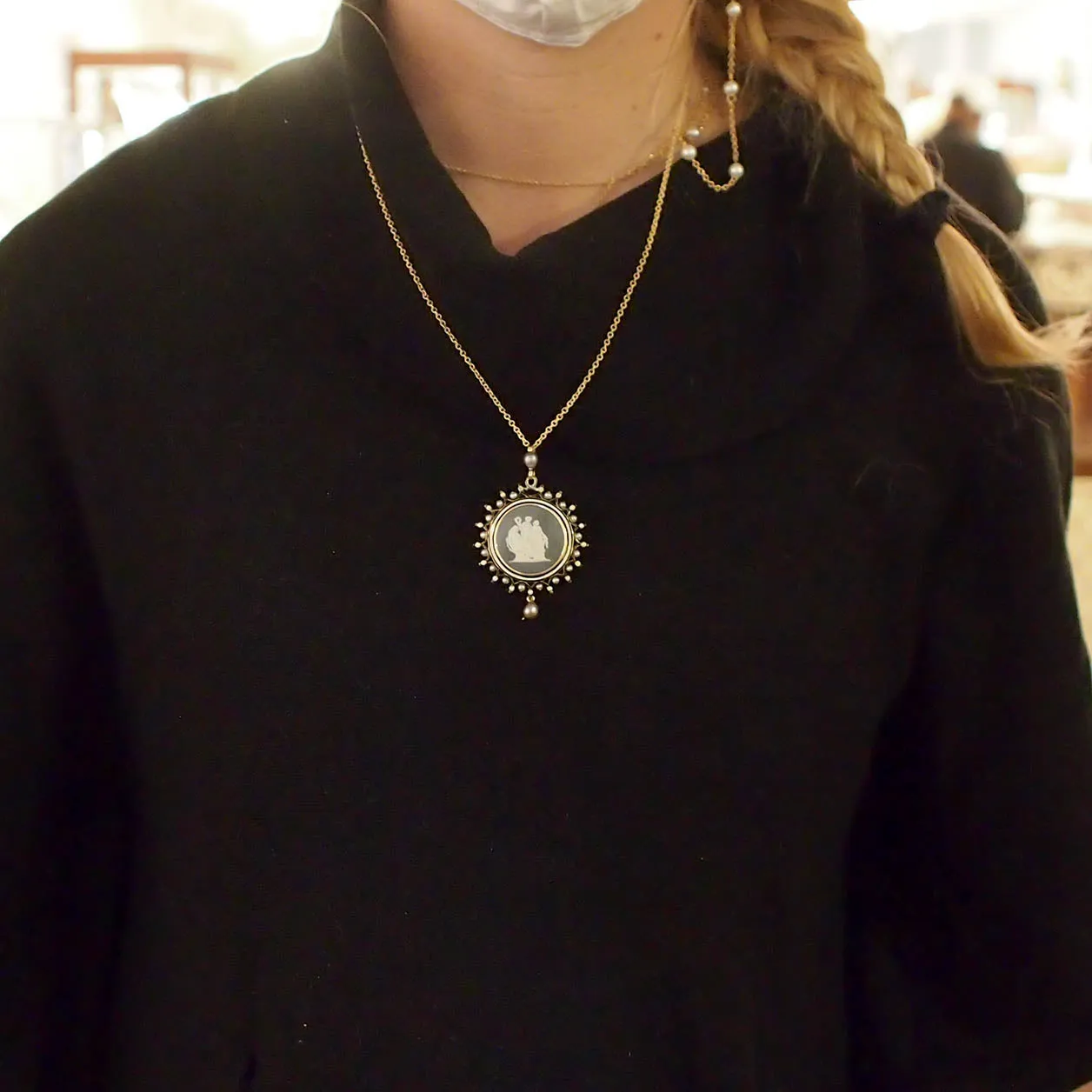 Porcelain cameo, enamel, and natural pearl pendant
