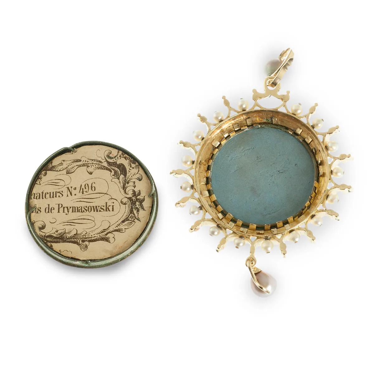 Porcelain cameo, enamel, and natural pearl pendant