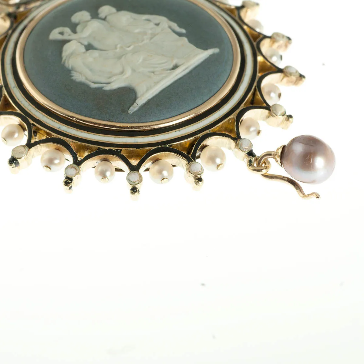 Porcelain cameo, enamel, and natural pearl pendant