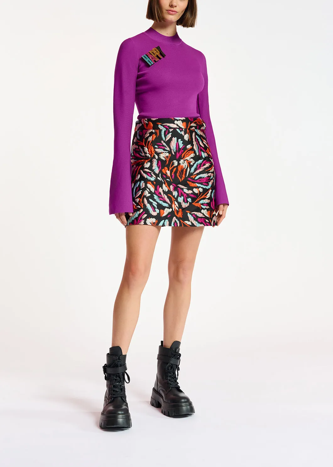 Purple slim-fit knit sweater with trumpet sleeves
