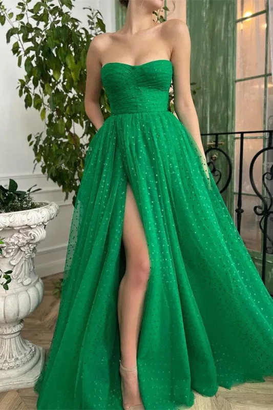 Radiant Emerald Green Tulle Prom Gown with Dazzling Sweetheart Neckline and Elegant Side Split