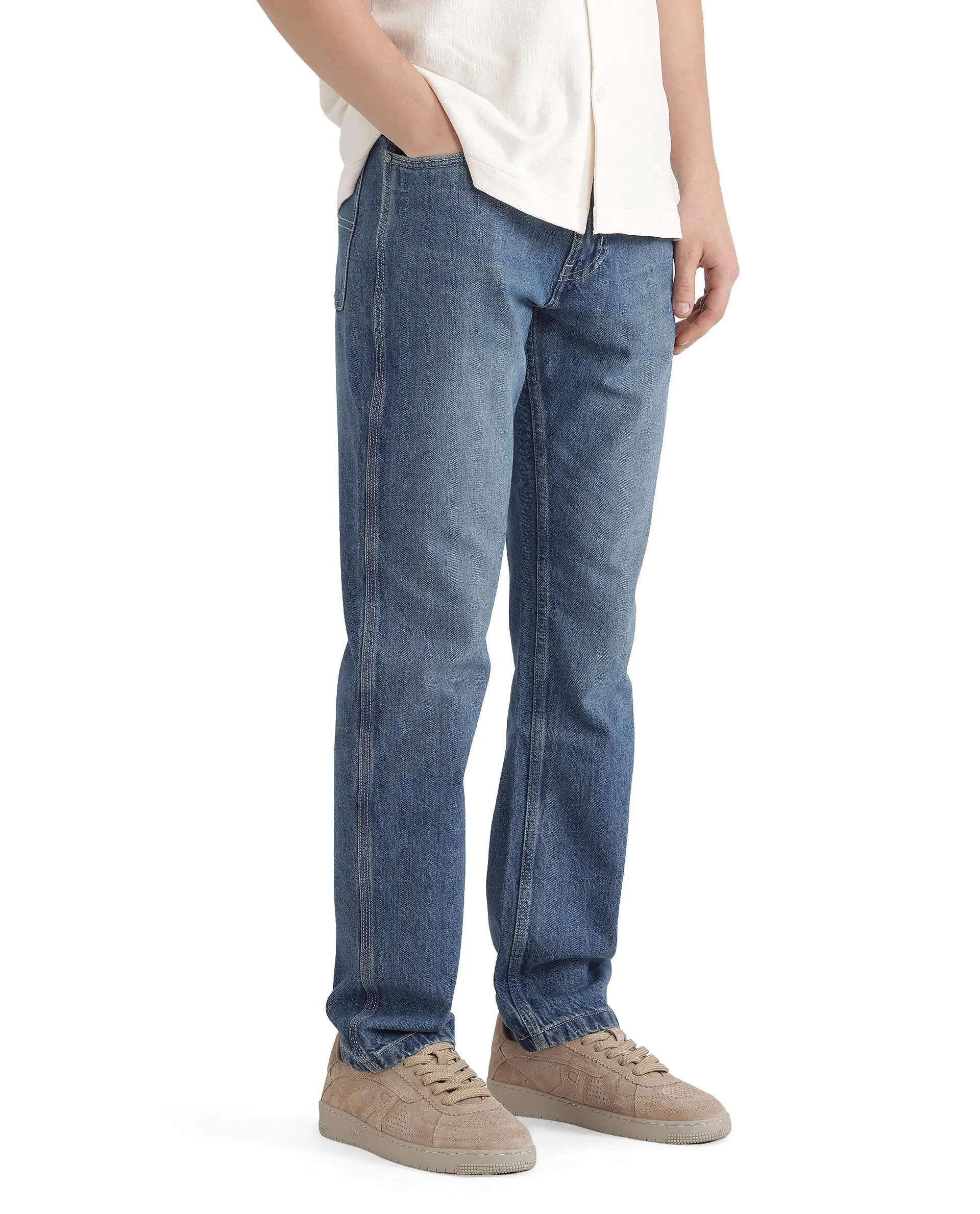 Rare Rabbit Men Denis Blue Cotton Fabric Mid Wash Regular Fit Mid Rise Plain Denim Trouser
