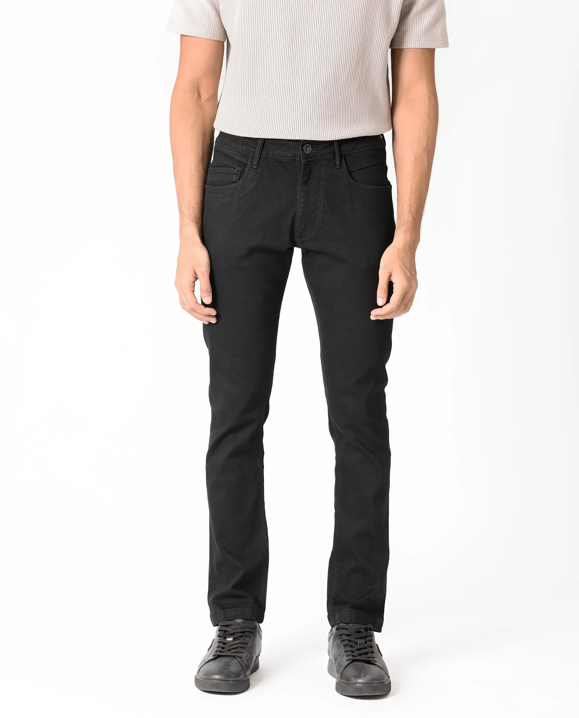 Rare Rabbit Men's Hawkins Black Rinse Wash Mid-Rise Slim Fit Jeans