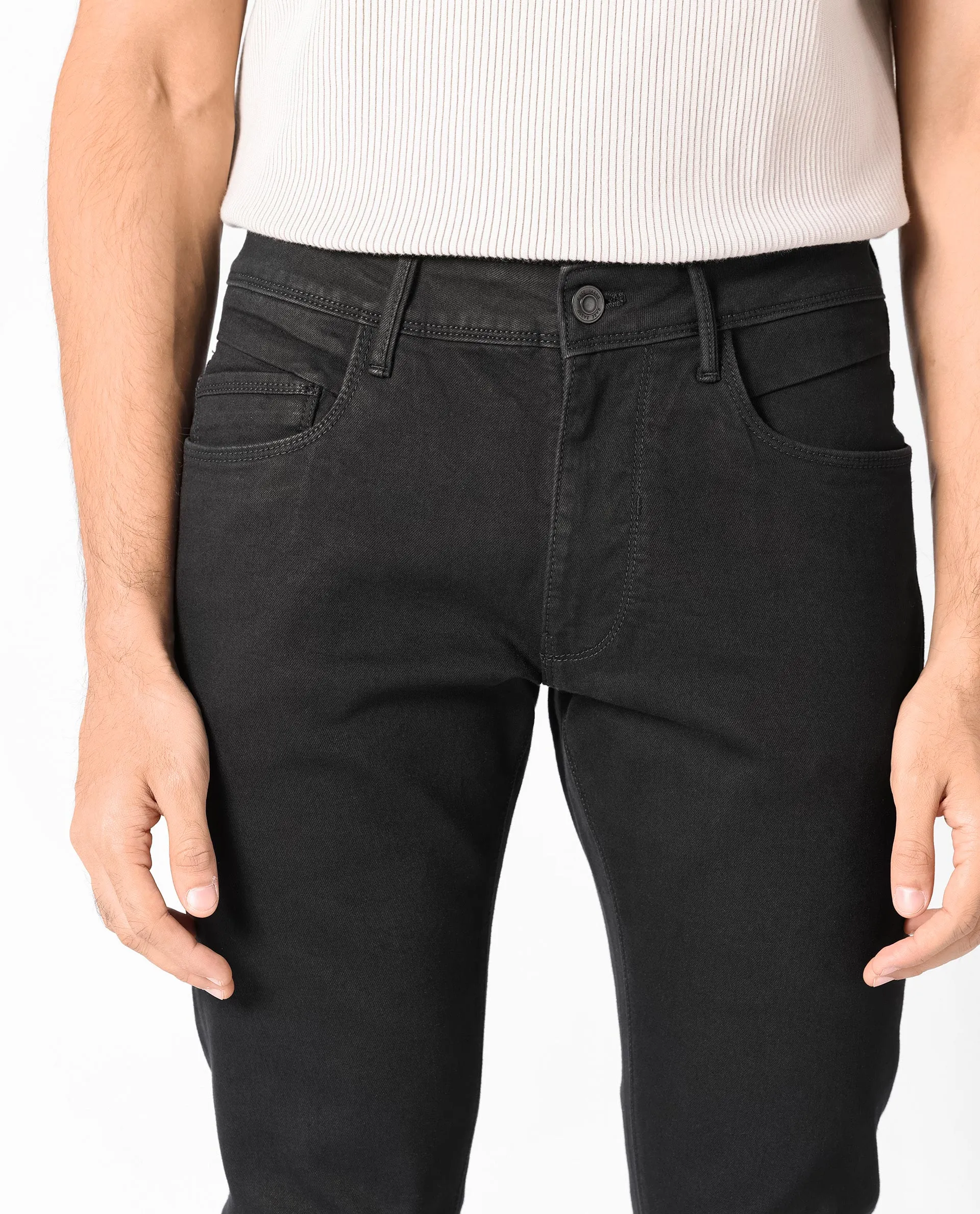 Rare Rabbit Men's Hawkins Black Rinse Wash Mid-Rise Slim Fit Jeans