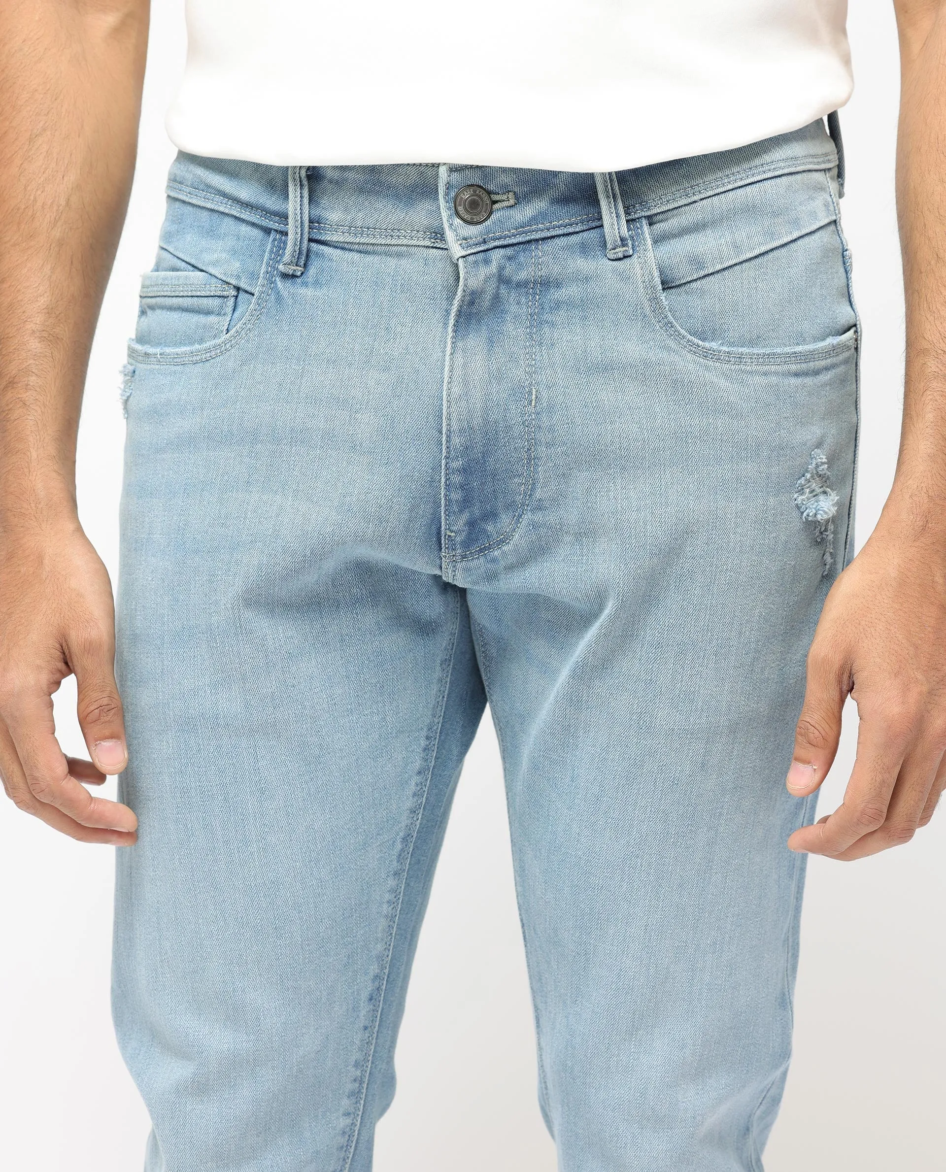 Rare Rabbit Men's Hawkins Pastel Blue Ice Wash Mid-Rise Regular Fit Jeans