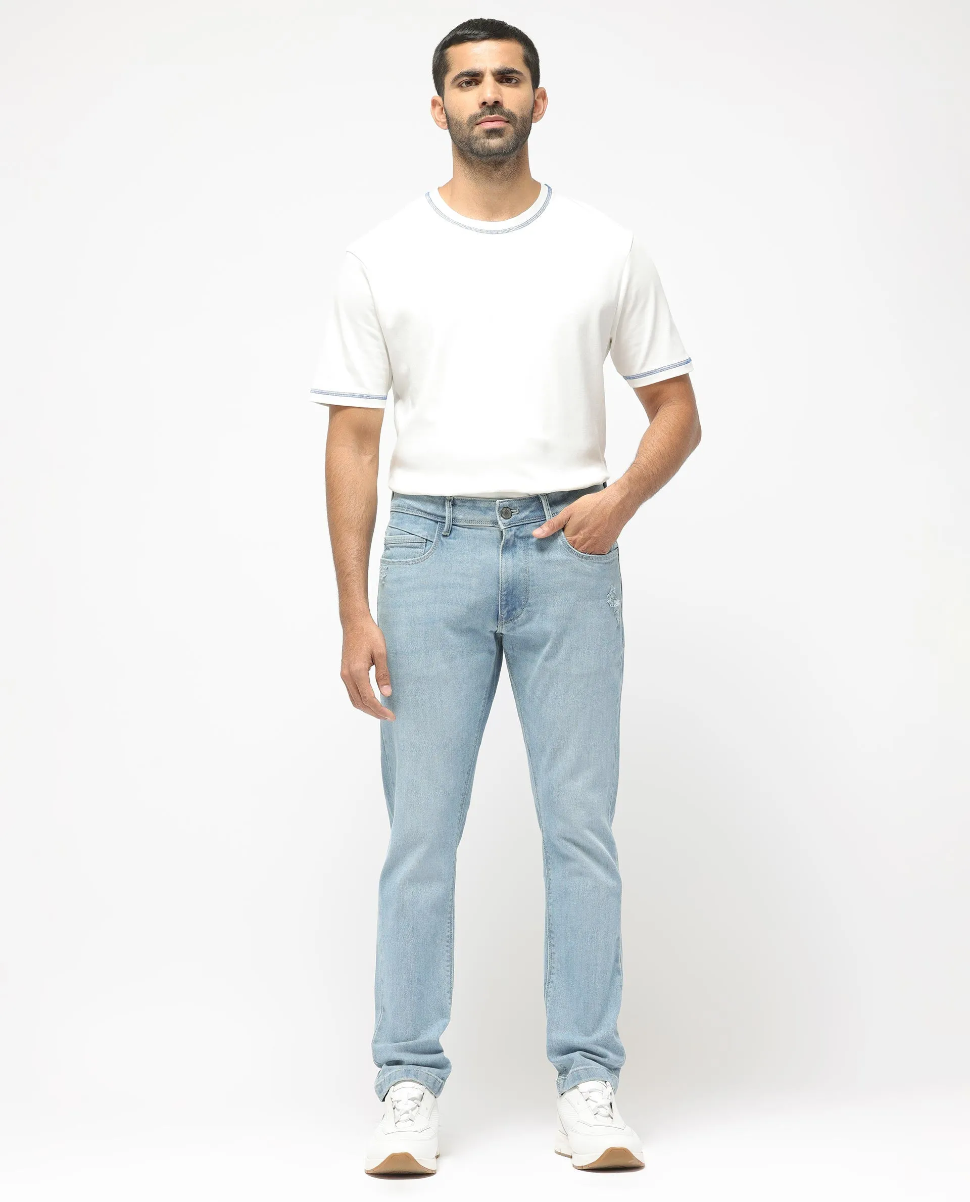Rare Rabbit Men's Hawkins Pastel Blue Ice Wash Mid-Rise Regular Fit Jeans