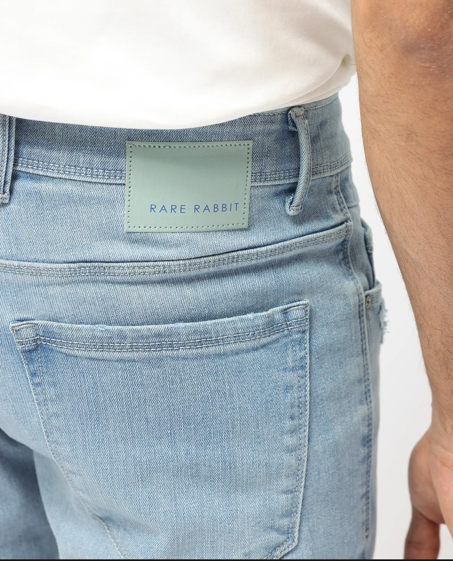 Rare Rabbit Men's Hawkins Pastel Blue Ice Wash Mid-Rise Regular Fit Jeans