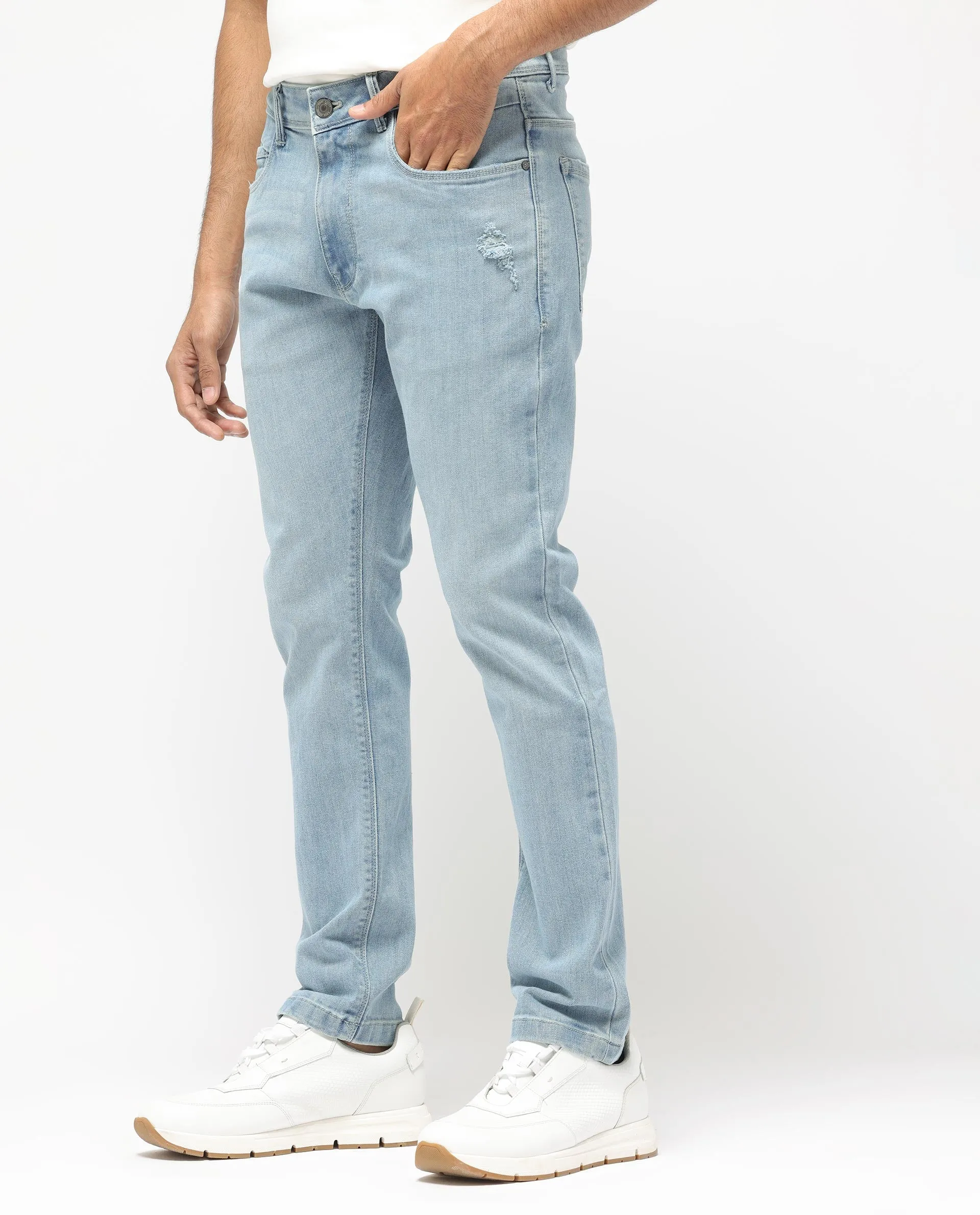 Rare Rabbit Men's Hawkins Pastel Blue Ice Wash Mid-Rise Regular Fit Jeans