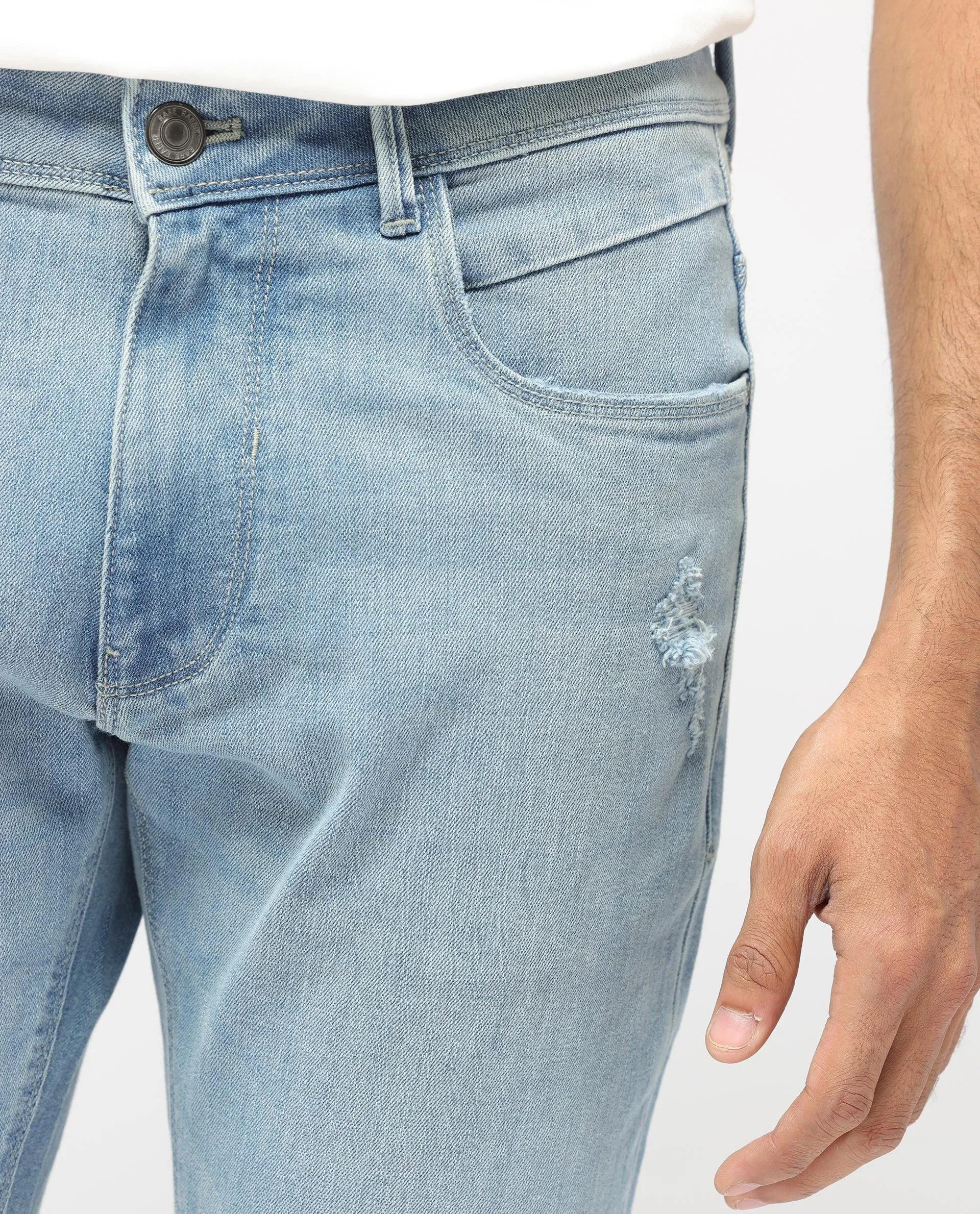 Rare Rabbit Men's Hawkins Pastel Blue Ice Wash Mid-Rise Regular Fit Jeans