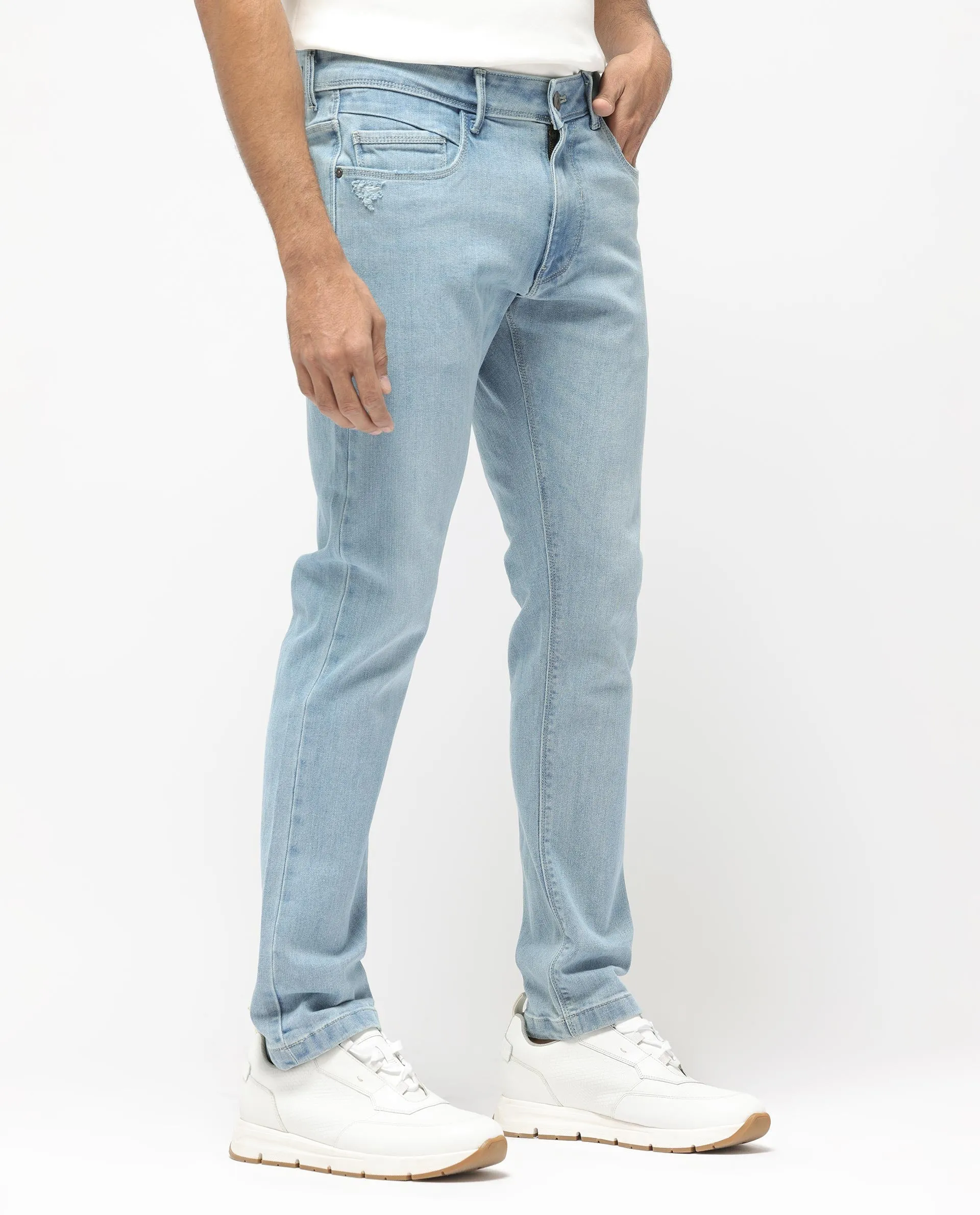 Rare Rabbit Men's Hawkins Pastel Blue Ice Wash Mid-Rise Regular Fit Jeans