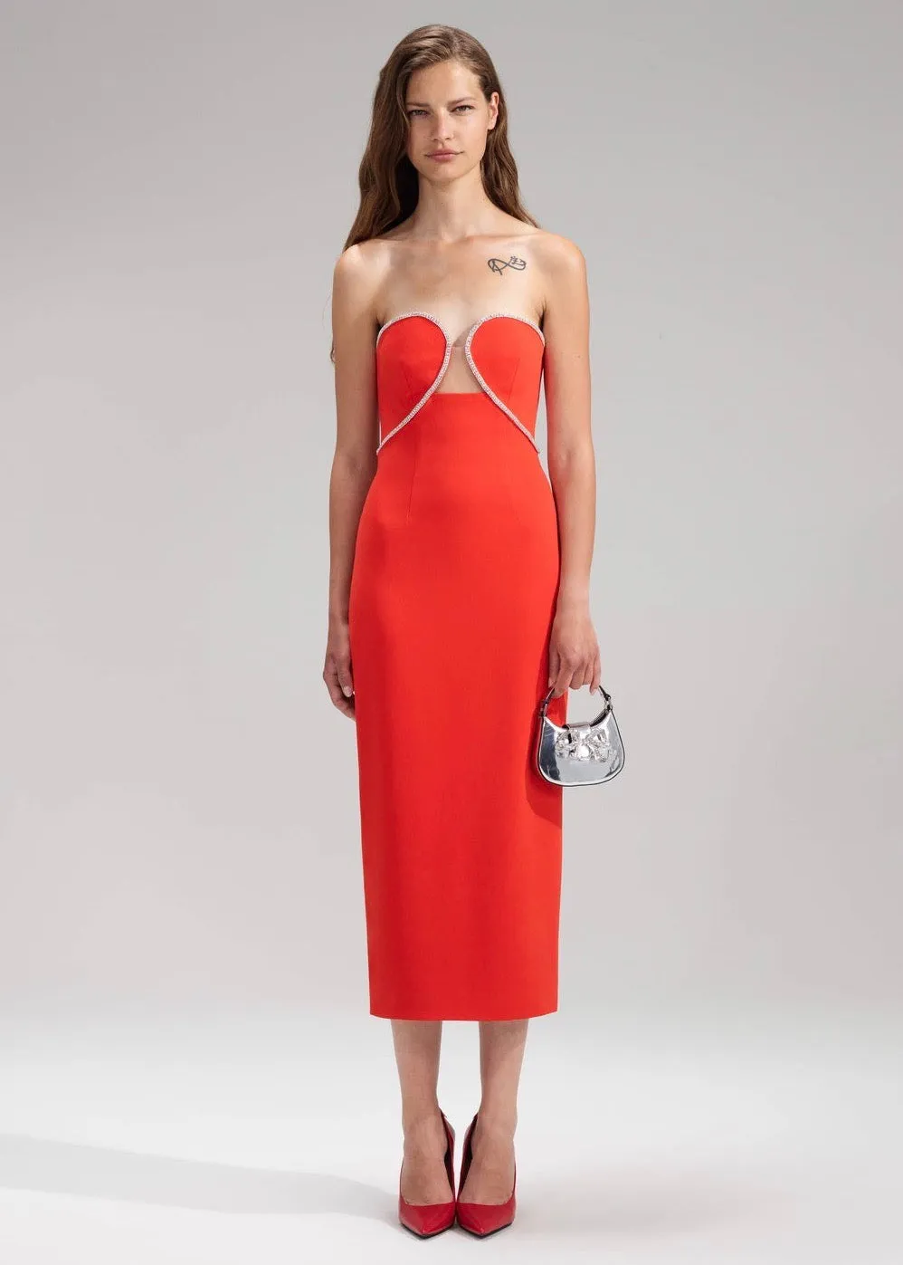 Red Bandeau Crepe Midi Dress (Red)