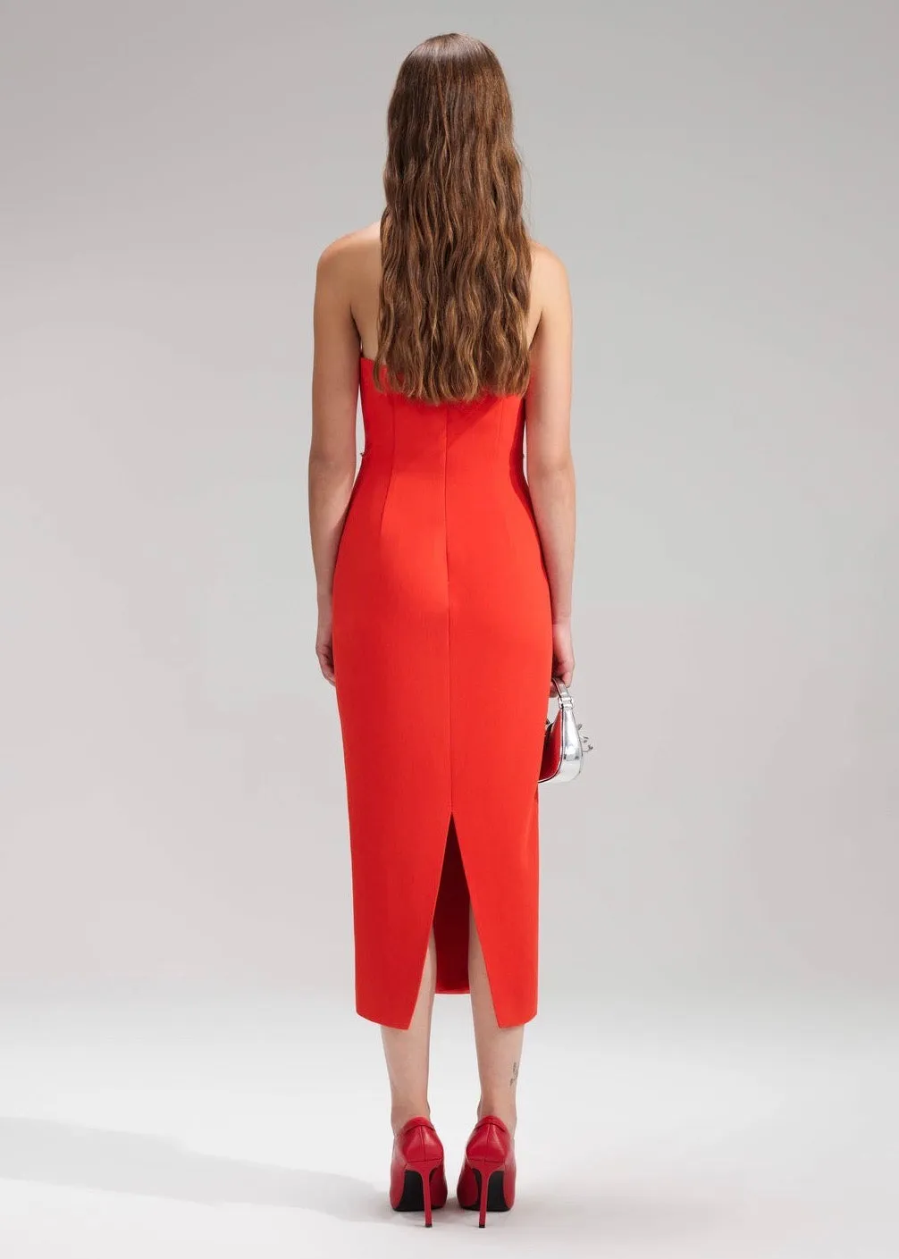 Red Bandeau Crepe Midi Dress (Red)
