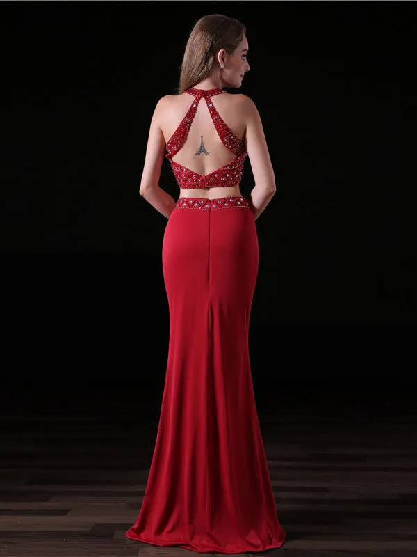 Red Scoop Beading Neck Two Piece Prom Dress