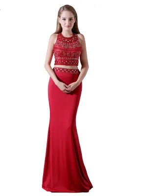 Red Scoop Beading Neck Two Piece Prom Dress