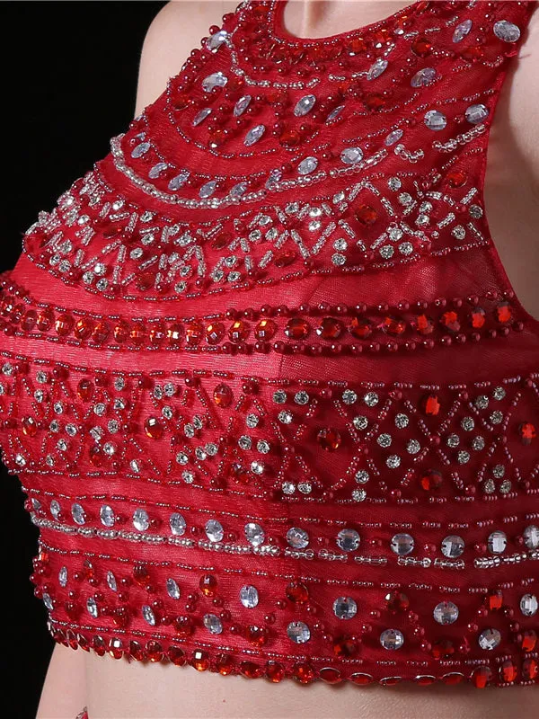 Red Scoop Beading Neck Two Piece Prom Dress