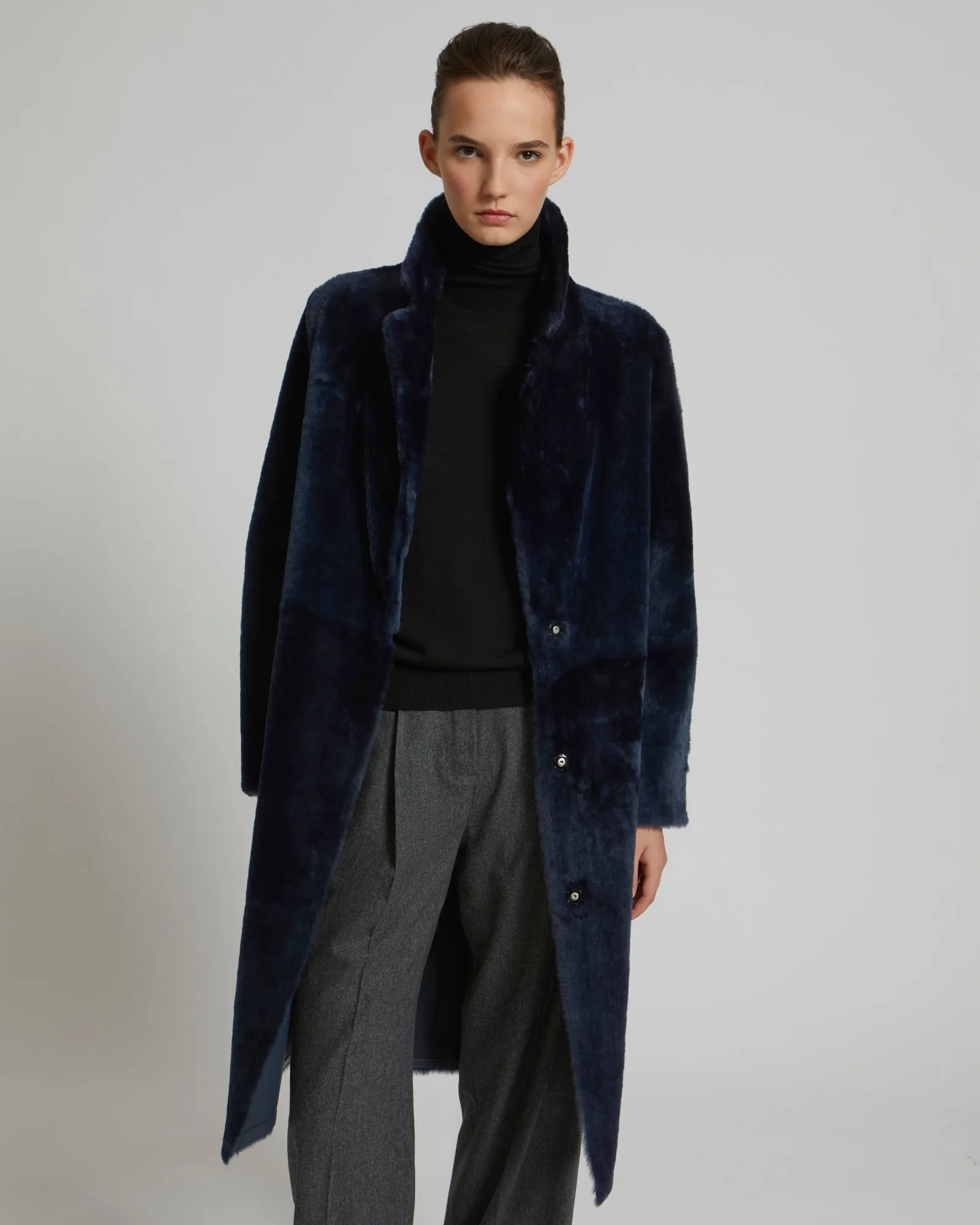 Reversible merino shearling coat