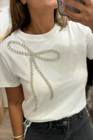 Rhinestone Bow Round Neck Short Sleeve T-Shirt S-XL