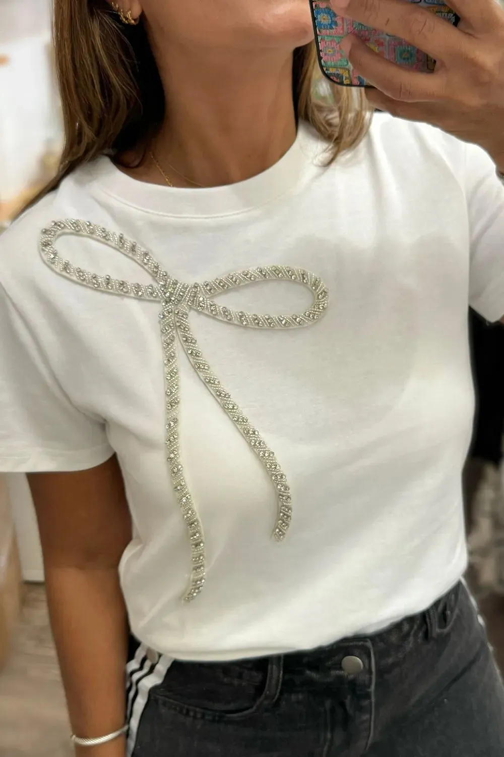 Rhinestone Bow Round Neck Short Sleeve T-Shirt S-XL