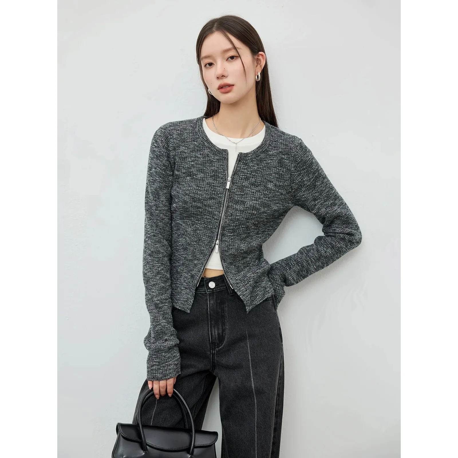 Ribbed Knit Zip Cardigan