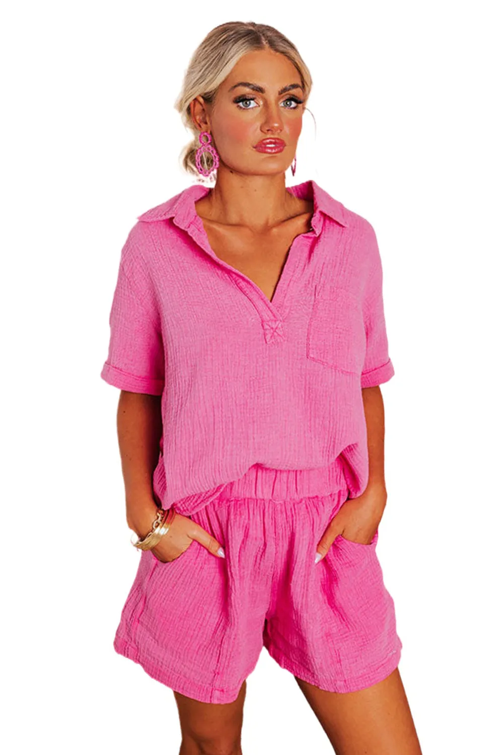 Rose Crinkle Textured Polo Shirt and High Waist Shorts Set