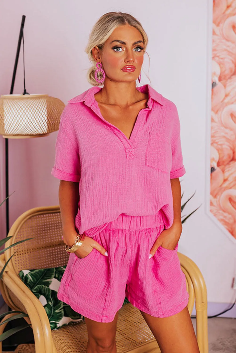 Rose Crinkle Textured Polo Shirt and High Waist Shorts Set