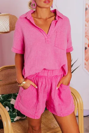 Rose Crinkle Textured Polo Shirt and High Waist Shorts Set