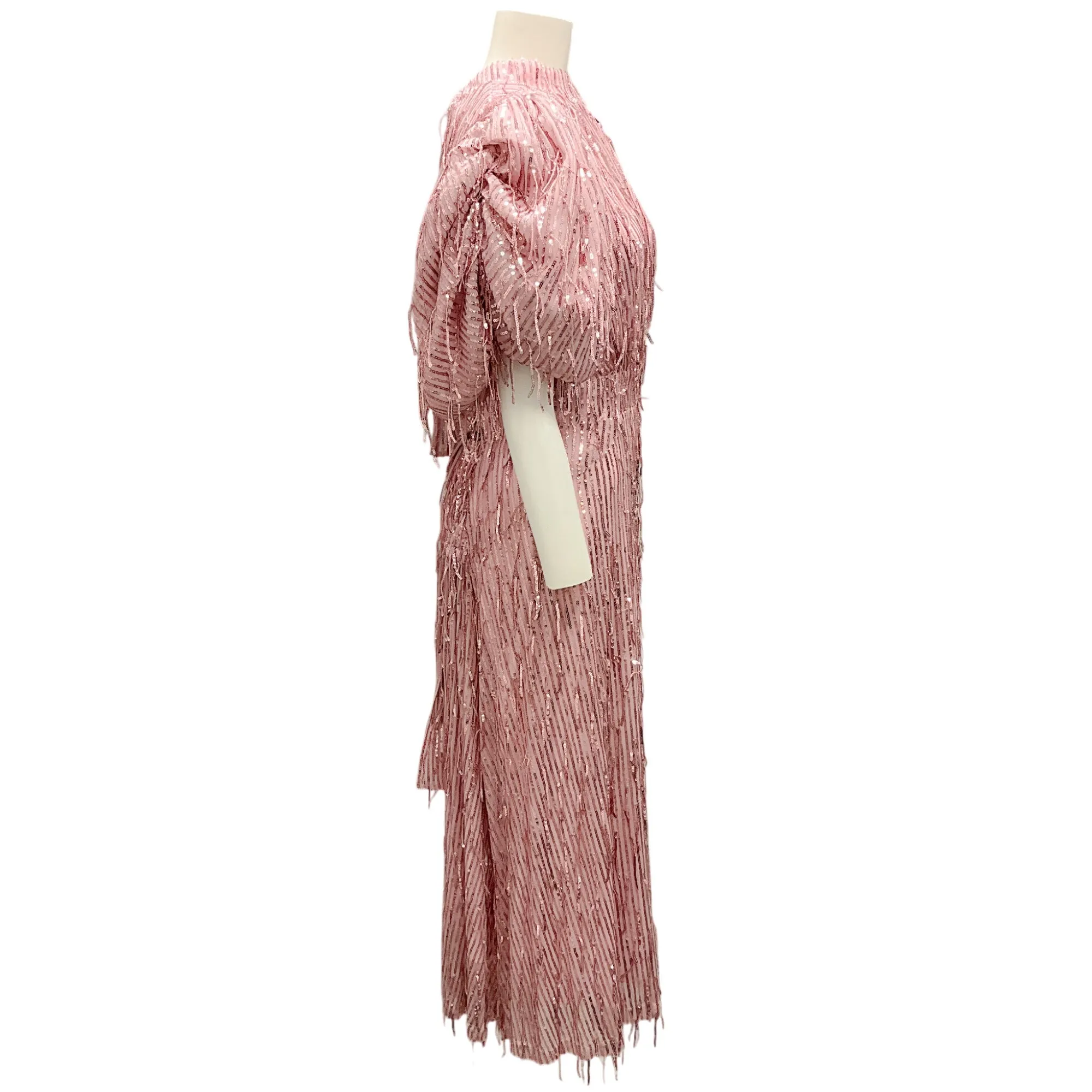 Rotate Birger Christensen Blossom Pink Puff-sleeve Sequin Fringed Dress