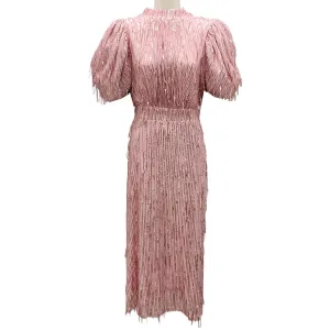 Rotate Birger Christensen Blossom Pink Puff-sleeve Sequin Fringed Dress