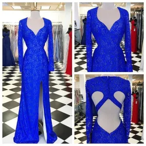 Royal Blue Elegant Long Sleeve Lace Side Slit Beaded Prom Dresses, PD0556