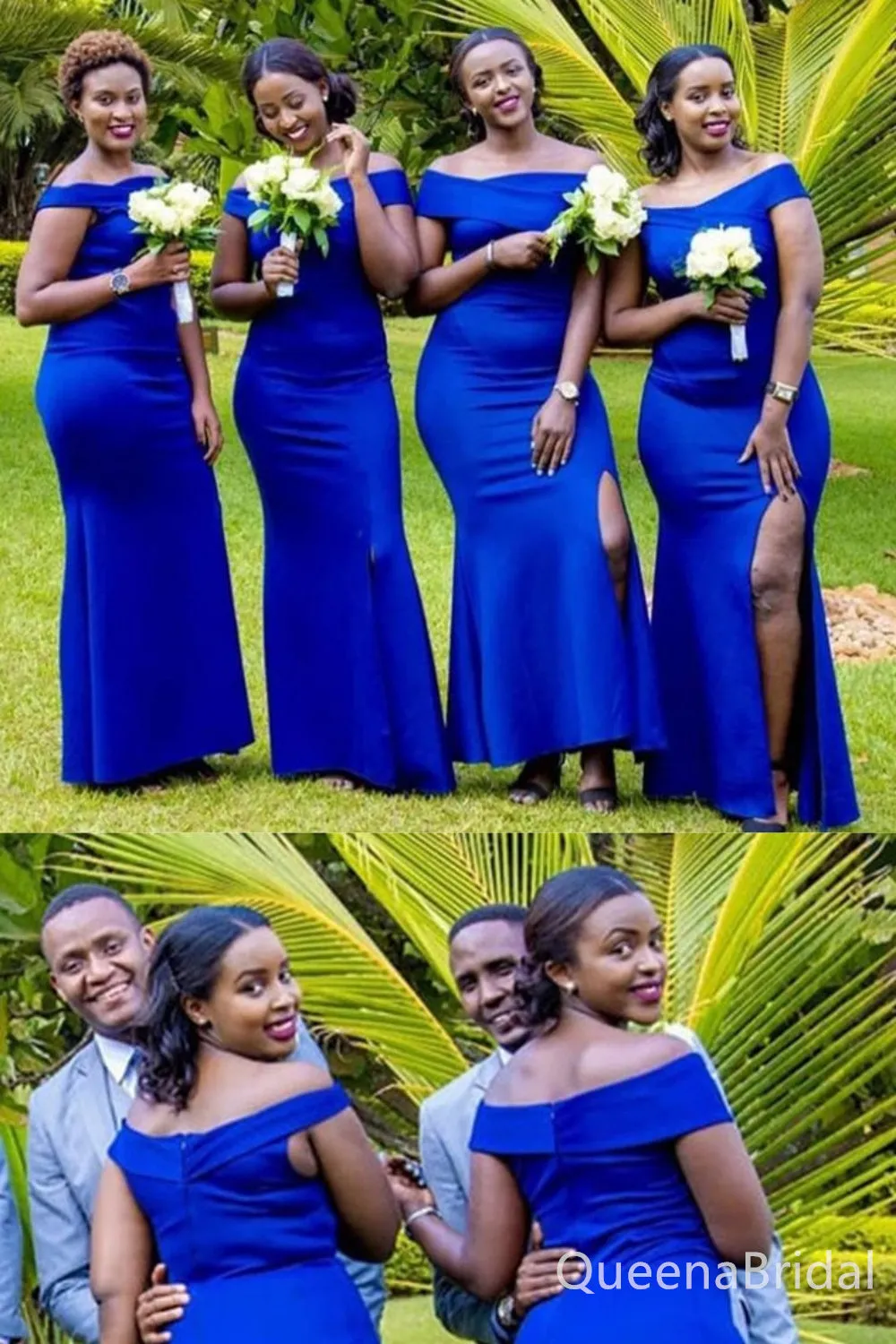 Royal Blue Off Shoulder Mermaid Long Bridesmaid Dresses with Side Slit , BDS0185