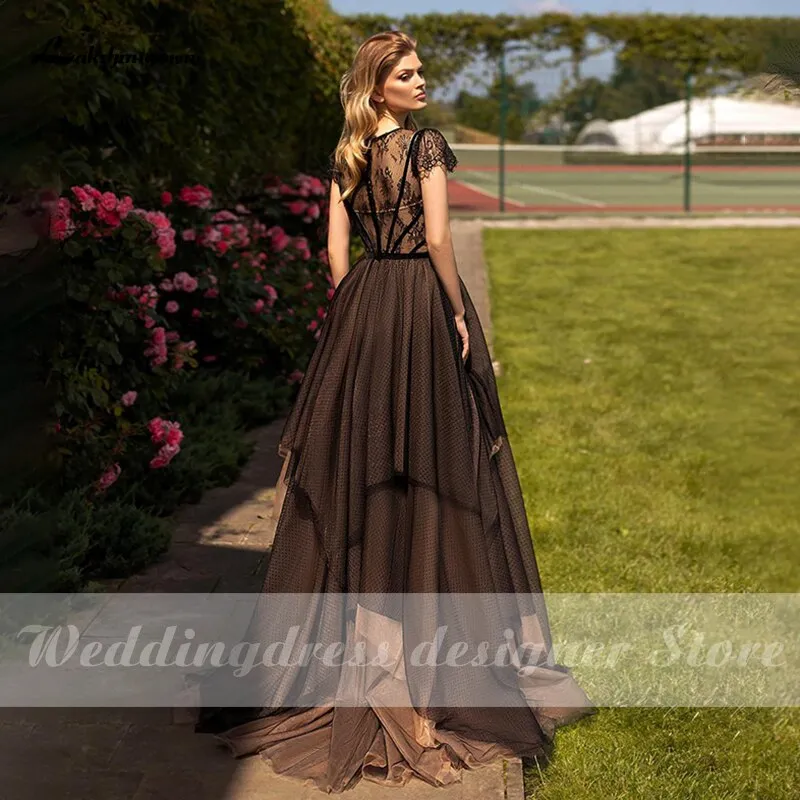 Roycebridal Lakshmigown Black Wedding Dresses 2021 Short Sleeve Elegant A-line Tulle Bridal Dress Lace Gothic Wedding Gowns robe de mariee
