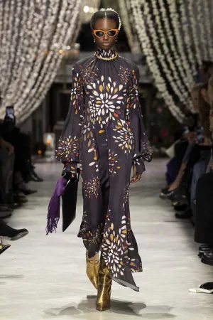 Sashi Print Satin Long Sleeve Kameez Dress with Neck Tie Detail
