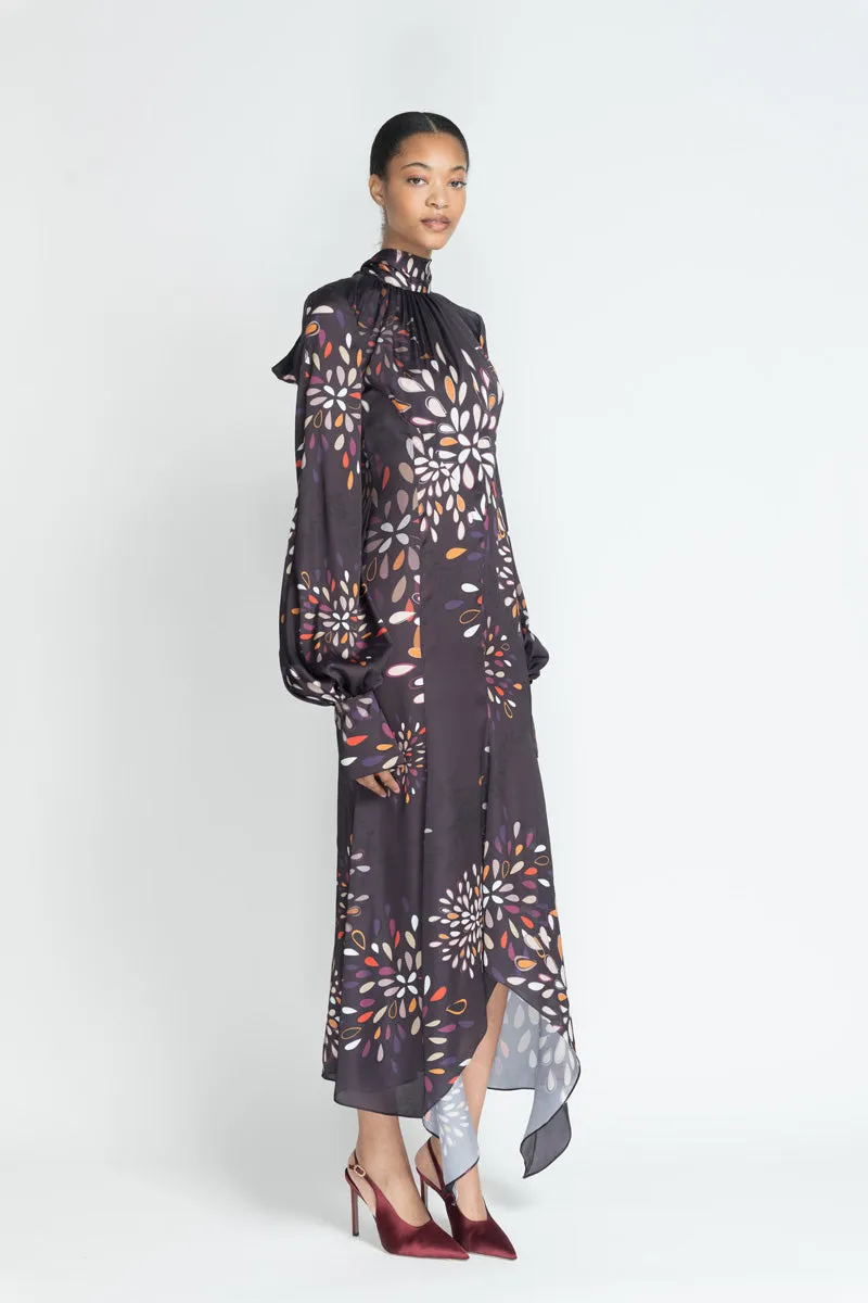 Sashi Print Satin Long Sleeve Kameez Dress with Neck Tie Detail